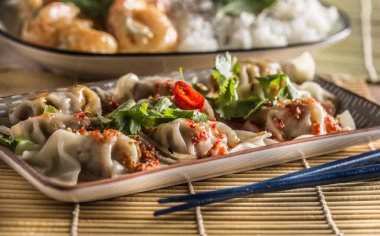 Japanese dumplings Gyoza stuffed chicken meat or vegetable with chili and herbs.