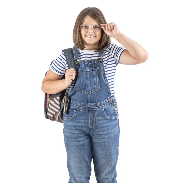 Happy Girl Glasses Wears Backpack Casual School Outfit — Stock Photo, Image