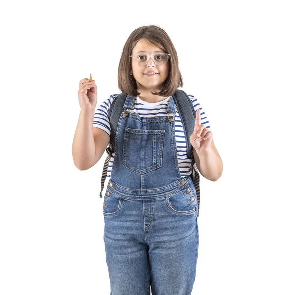Schoolgirl Backpack Holds Pencil One Finger Suggesting She Has Idea — Stock Photo, Image