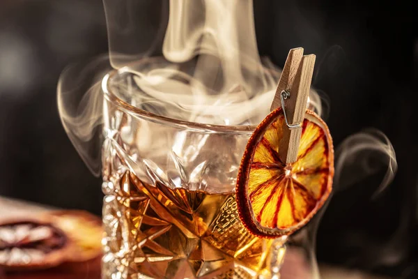 Smoked Old Fashioned Rum Cocktail Cubes Ice Dark Background — Stock Photo, Image