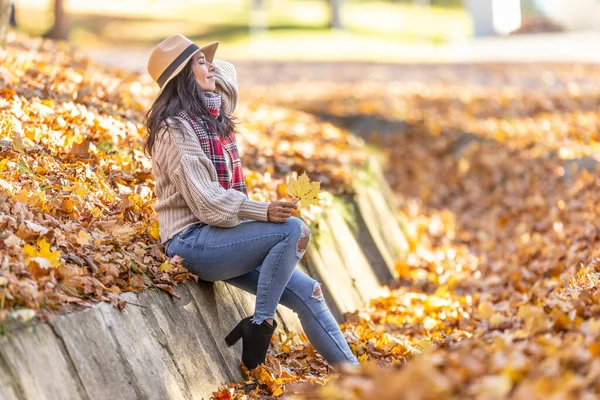Uma Bela Jovem Mulher Desfruta Atmosfera Natureza Outono Colorido — Fotografia de Stock