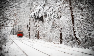 Eski kırmızı tramvay, karla kaplı ormandan uzaklaşıyor. Seçici odak.