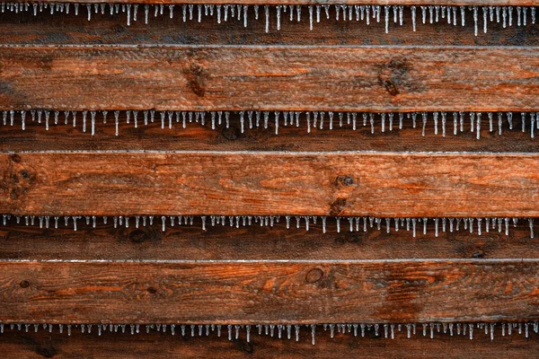 Textura Ledově Natřených Prken Mnoha Rampouchy Přírodní Pozadí — Stock fotografie