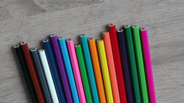 Set New Colored Pencils Lies Table Selective Focus — Stock Photo, Image