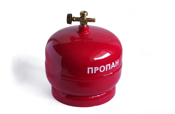 Compact Metal Gas Cylinder Lpg Valve Inscription Propane Isolated White — стоковое фото
