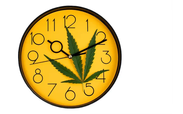 Cannabis Leaf Yellow Watch Face Isolated White Background — Stok fotoğraf