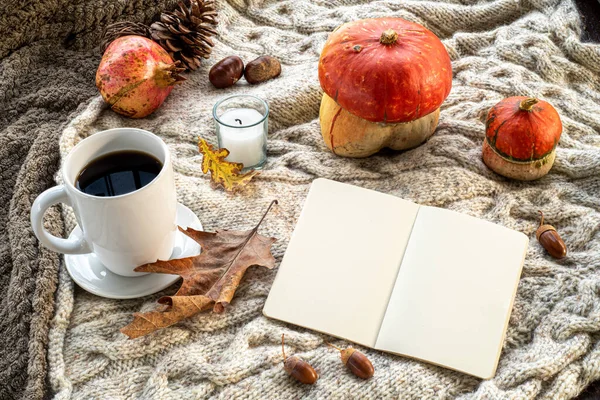 Cozy autumn breakfast scene in sunlight.Blank open notebook mockup with cup of coffee or tea, candle, pumpkins.Plaid wool background.Fall, thanksgiving day, halloween concept.Top view