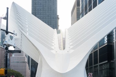 New York City, ABD - 7 Ağustos 2019 Santiago Calatrava tarafından bulutlu bir günde New York gökdelenleri arasında tasarlanan Oculus adlı metro istasyonu