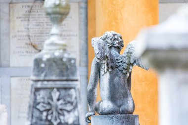 Bologna, İtalya-23 Ocak 2016: Güneşli bir günde Certosa di Bologna anıtsal mezarlığının içindeki eski mezar.