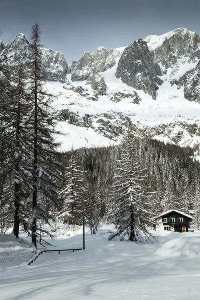 Val Ferret, chalet de montagne dans la neige parmi les arbres — Photo