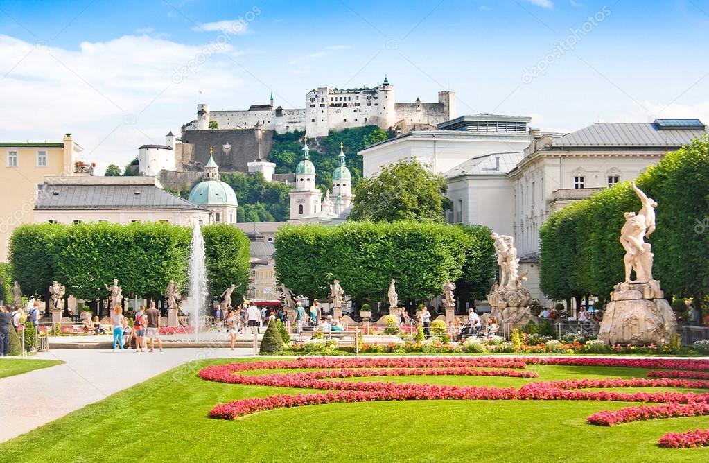 Mirabell Gardens with Fortress Hohensalzburg in the background in Salzburg, Austria