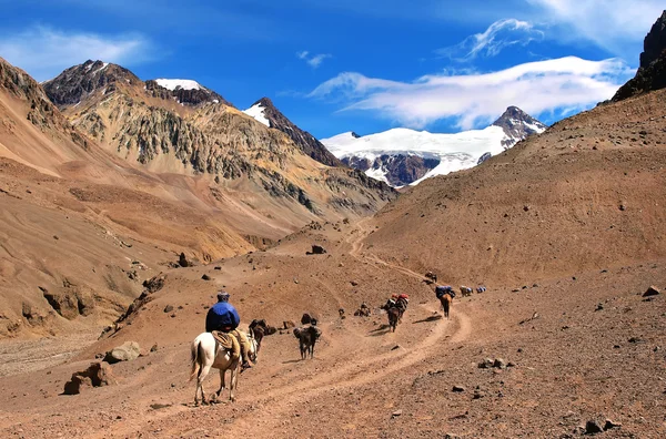 Yürüyüşçüler trekking, Arjantin, Güney Amerika ile Andes dağ manzarası — Stok fotoğraf