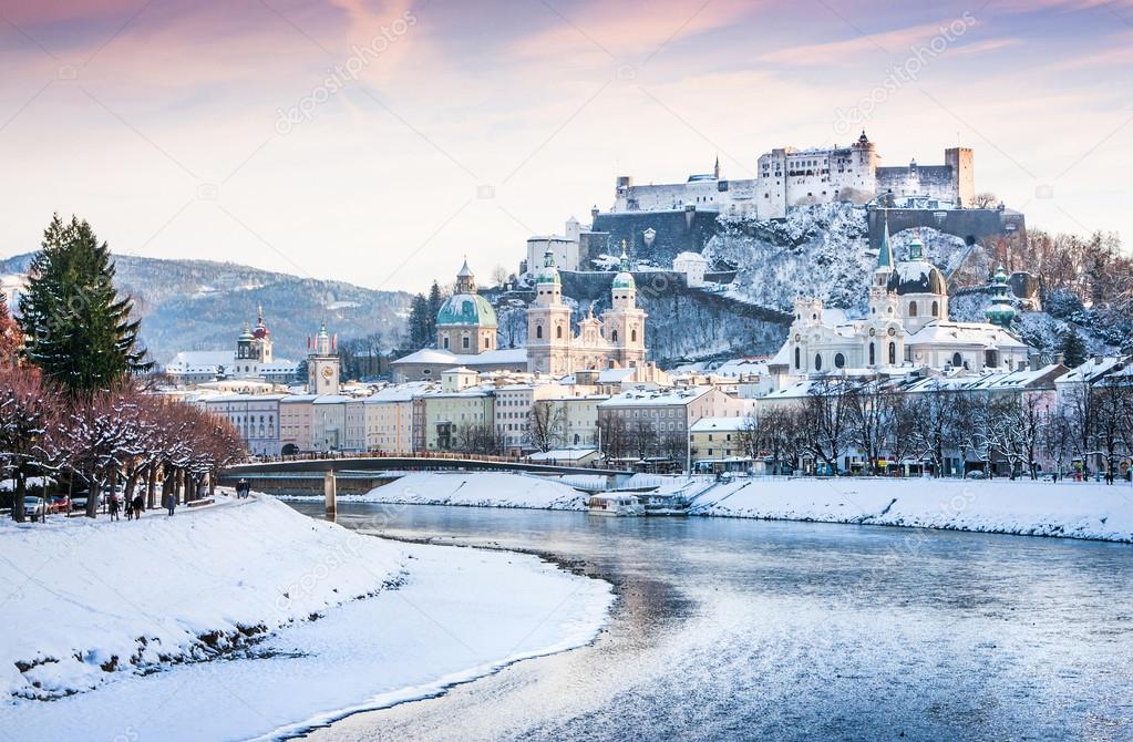 Beautiful view of Salzburg skyline with Festung Hohensalzburg and river Salzach in winter, Salzburger Land, Austria