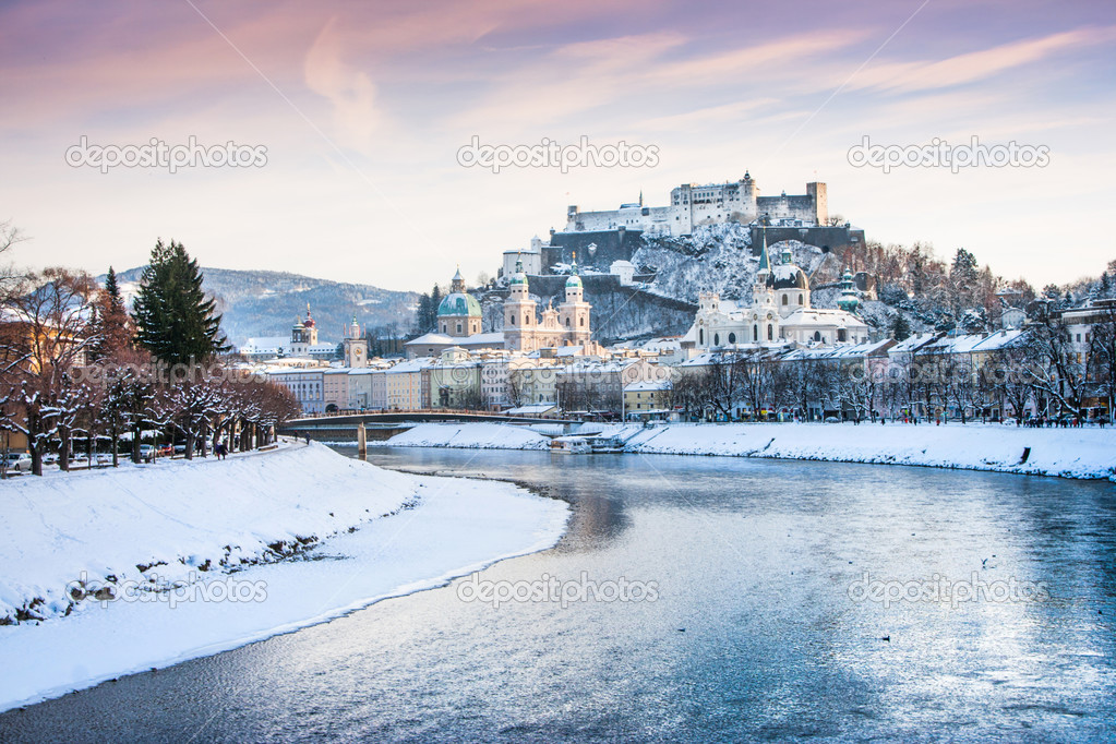 Salzburg skyline with Festung Hohensalzburg and river Salzach in winter, Salzburger Land, Austria