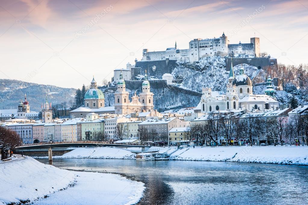 Salzburg skyline with Festung Hohensalzburg and river Salzach in winter, Salzburger Land, Austria