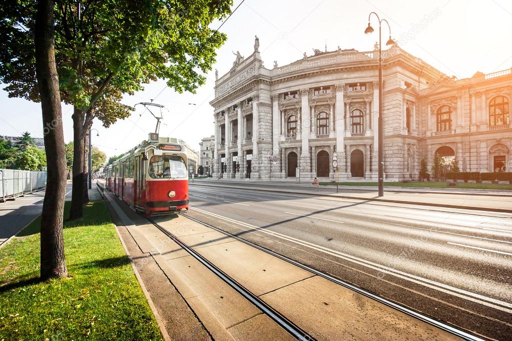 Famous Wiener Ringstrasse with Burgtheater and traditional tram in Vienna, Austria