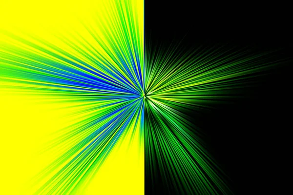 要旨黄色と黒の背景に青と緑の色調で放射状のズームぼかし表面 放射状 分岐線 収束線と明るい狂気の背景 背景は2つの部分に分かれています — ストック写真