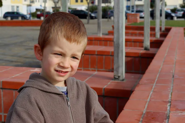 Blond Boy Bowed His Head Looks Distance Smile Four Year — Fotografia de Stock