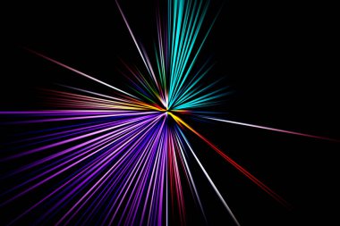 Bulanık radyal yakınlaşmanın soyut yüzeyi siyah arkaplanda mavi, kırmızı ve leylak tonlarında. Radyal, ayrışan, yakınsayan çizgilerle parlak renkli arkaplan