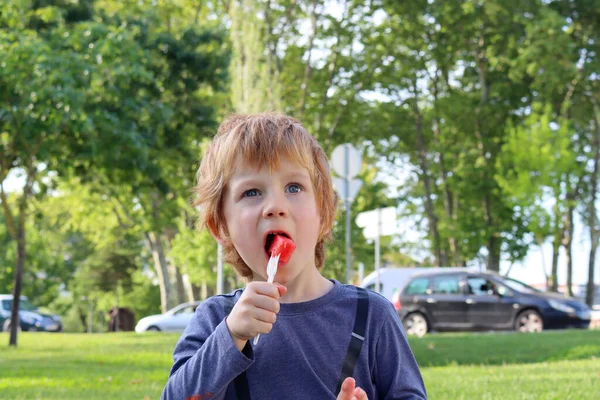 금발의 소년은 포크를 수박을 먹는다 아이가 가늘게 조각을 물어뜯습니다 — 스톡 사진