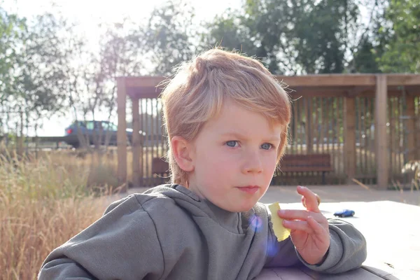 Blondyn Zjada Chipsy Spogląda Dal Zainteresowaniem Portret Pięciolatka Świetle Słonecznym — Zdjęcie stockowe