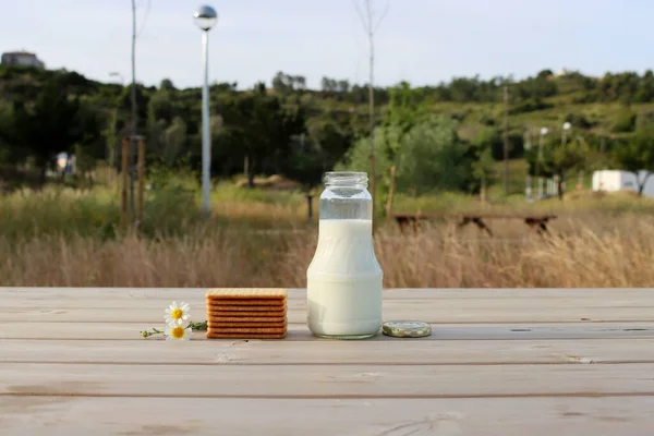 Una Pila Biscotti Una Bottiglia Latte Margherite Tavolo Legno Una — Foto Stock