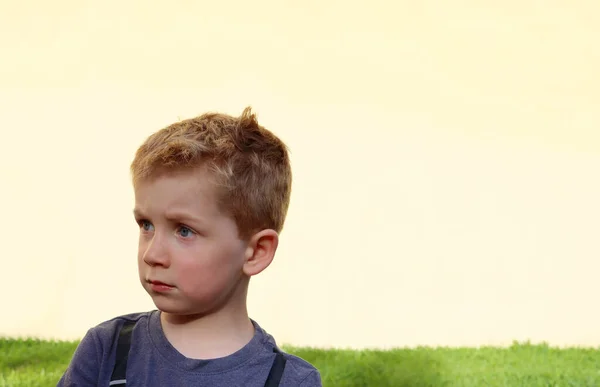 Een Verbijsterd Blondje Kijkt Weg Een Verraste Vijfjarige Jongen Tegen — Stockfoto