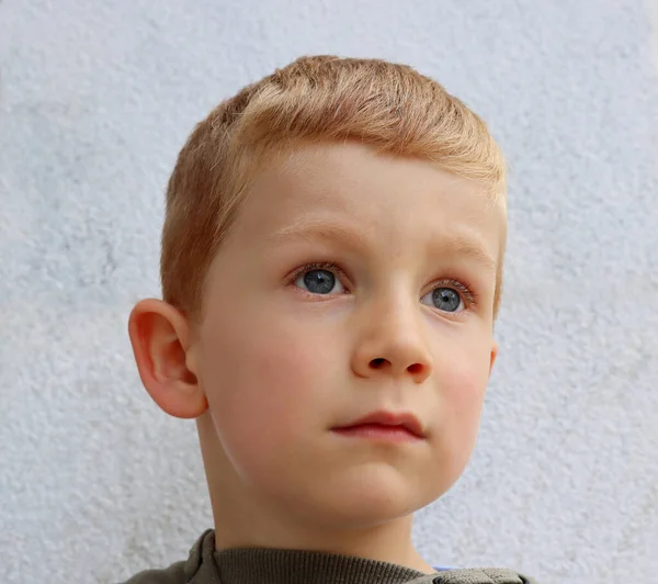 The blond boy looks thoughtfully into the distance. Portrait of a handsome five-year-old boy against a light-colored background.