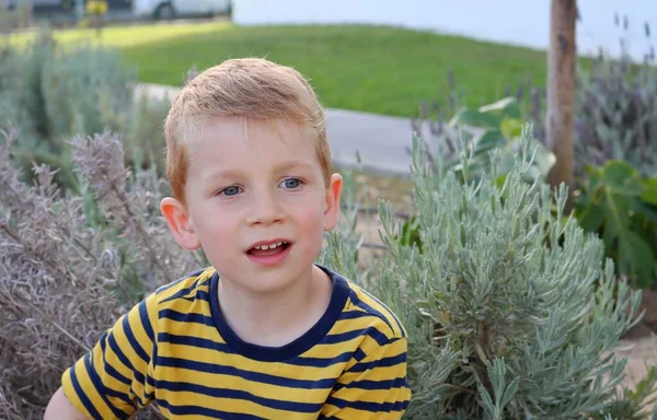 Chico Rubio Mira Distancia Con Una Sonrisa Niño Intrigado Cinco —  Fotos de Stock