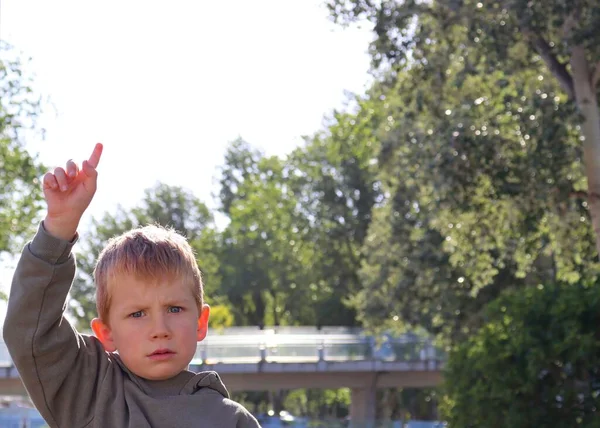 Blonde Jongen Groef Zijn Wenkbrauwen Stak Zijn Hand Ontevreden Vijfjarige — Stockfoto