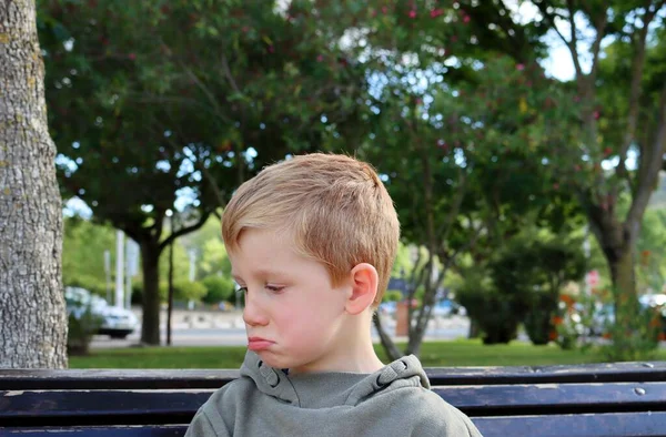Rapaz Loiro Amuou Lábios Baixou Olhos Rapaz Cinco Anos Ofendido — Fotografia de Stock