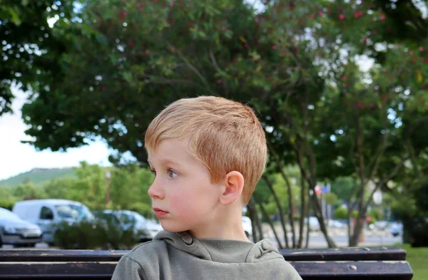 Blondyn Odwraca Głowę Prawo Patrzy Uważnie Dal Piękny Profil Pięcioletniego — Zdjęcie stockowe