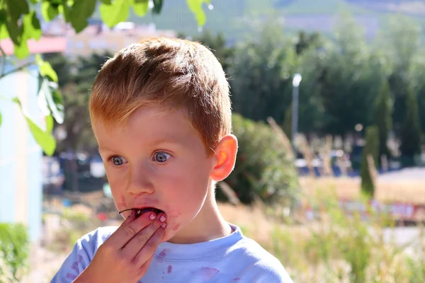 Blondyn Gryzie Wisienkę Robi Zaskakujące Oczy Pięcioletni Chłopiec Brudną Twarzą — Zdjęcie stockowe