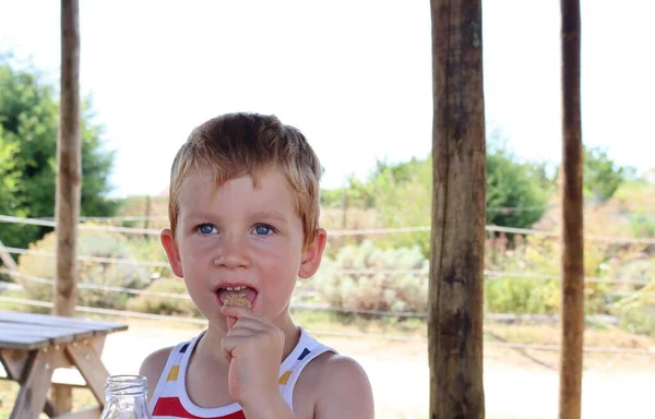 Blondyn Otwiera Usta Wkłada Nie Okruszki Chleba Radosny Pięcioletni Chłopiec — Zdjęcie stockowe