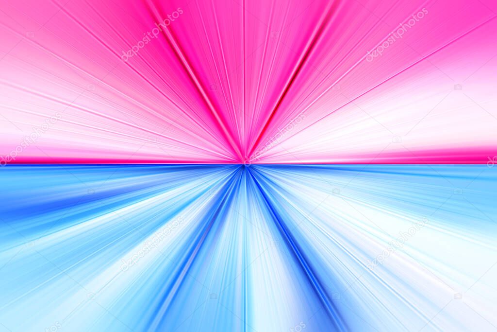 Abstract radial zoom blur surface in blue and pink tones. Bright two-color background with radial, radiating, converging lines. The background is divided into two parts.