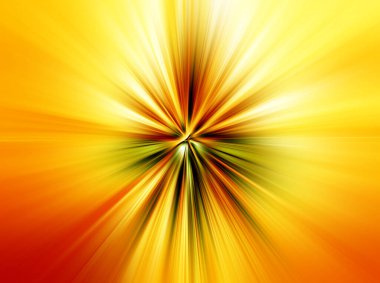 Yeşil, sarı ve turuncu tonlardan oluşan soyut radyal yakınlaştırma bulanık yüzeyi. Işık saçan, ışıyan, yakınsayan çizgilerle parlak sıcak bir arkaplan.