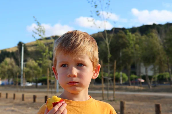 Blondyn Zjada Nektarynkę Patrzy Smutno Dal Przemyślany Pięcioletni Chłopiec — Zdjęcie stockowe