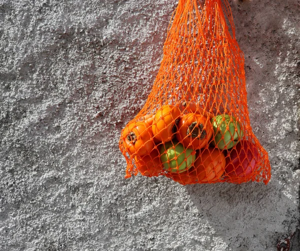 Saco Malha Com Frutos Outono Contra Uma Parede Cinza Saco — Fotografia de Stock