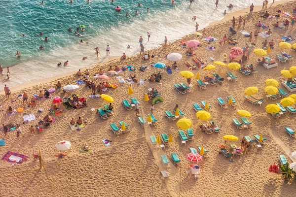 Sandy beach of Cleopatra in Turkey from a bird\'s eye view. Beach and sea from above. Travel to Turkey.