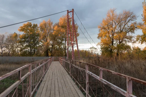 Vägen Som Leder Till Hängbron Över Floden Chagan Kazakstan Upphängningsbro — Stockfoto