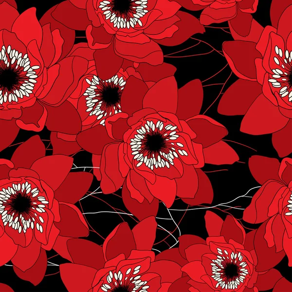 Modèle sans couture rouge et noir avec nénuphars — Image vectorielle