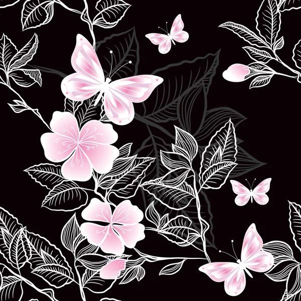 Seamless pattern from branches of blossoming cherry and butterflies — Stock Vector