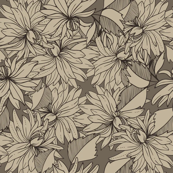 Monochrom retro vintage nahtlose Vektormuster abstrakte Blumen und Blätter — Stockvektor