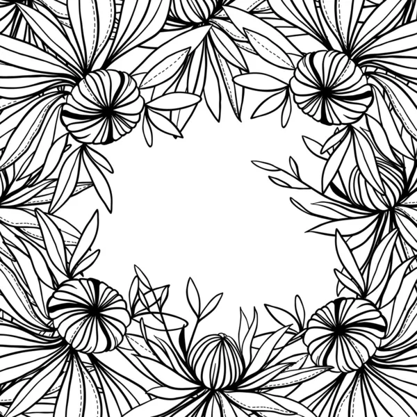 Vector seamless pattern of abstract black white flowers and leaves — Stock Vector