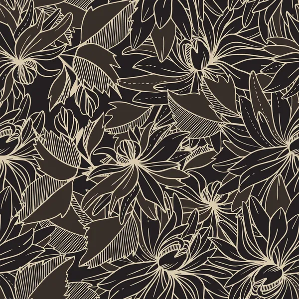 Monochrom retro vintage nahtlose Vektormuster abstrakte Blumen und Blätter — Stockvektor