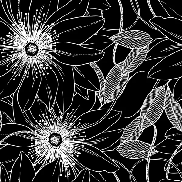 Monocromo retro vintage patrón vectorial sin costuras flores abstractas y hojas — Archivo Imágenes Vectoriales