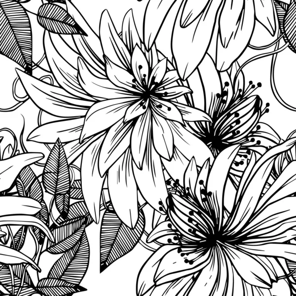 Fekete-fehér, retro vintage folytonos vector minta absztrakt virágok és levelek — Stock Vector