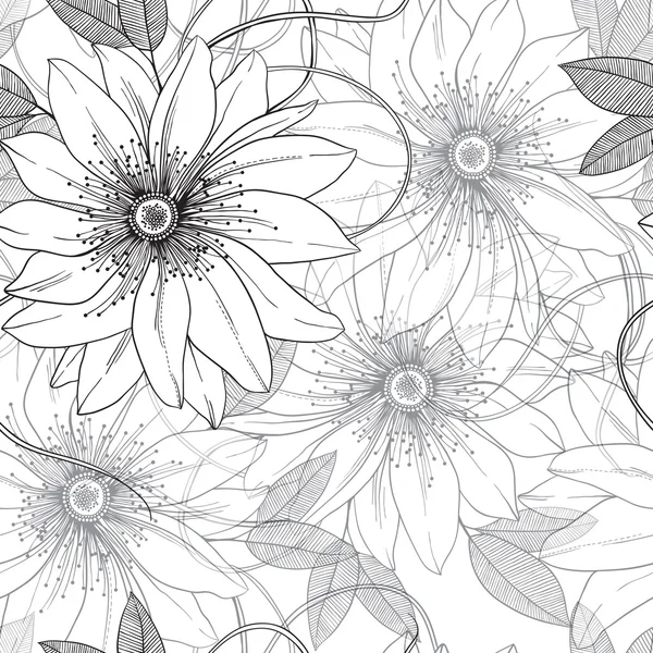 Monochrome retro vintage seamless vector pattern abstract flowers and leaves — Stock Vector