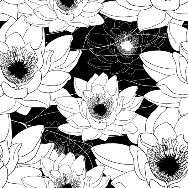 Monochrome seamless pattern with water lilies — Stock Vector