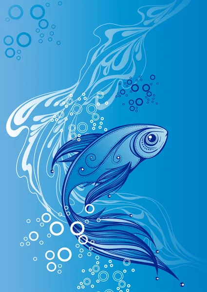 Abstract blue fish on the background of waves — Stock Vector